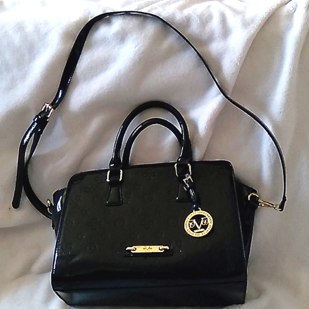 Beautiful Versace dark chocolate patent leather tote or crossbody. Made in Milan